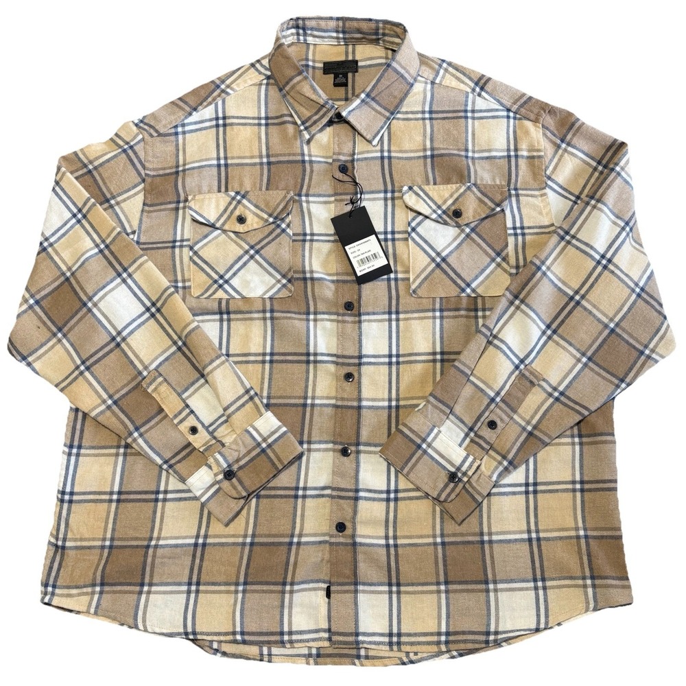 Steve's Jeans Flannel Shirt Men 3XL Big & Tall Tan Plaid Long Sleeve Pockets NEW
